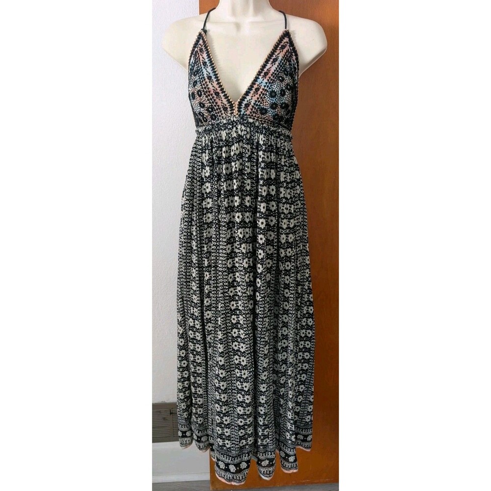 Free People Good Vibes Printed Halter Maxi Endless Summer Dress Beaded Sz Small